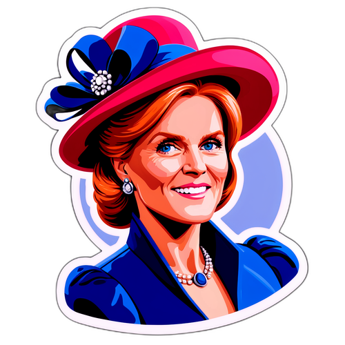 Autocollant de Sarah Ferguson avec un chapeau élégant et un fond royal