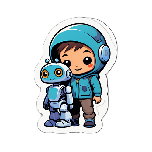 ロボットの友達と冒険する子供のステッカー