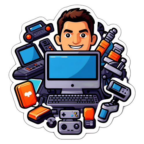 Un adhesivo de Vince Zampella rodeado de gadgets tecnológicos