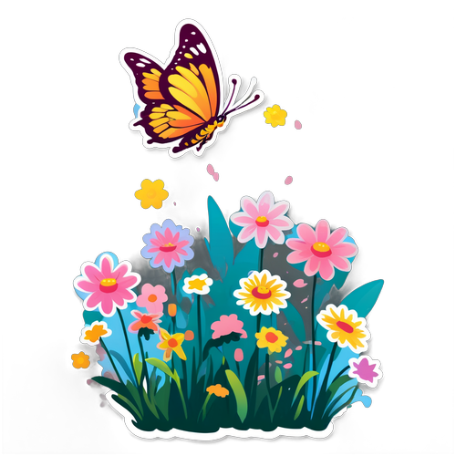 Butterfly Hovering Over Blooming Flowers