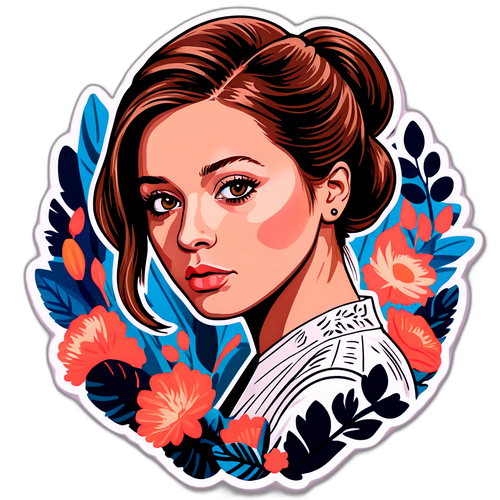 Autocollant d'Adele Exarchopoulos en pose élégante entourée d'éléments floraux