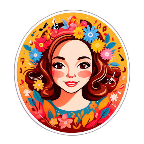 Leikkisä muotokuva Jenni Vartiainenista kukkien ja nuottien ympäröimänä