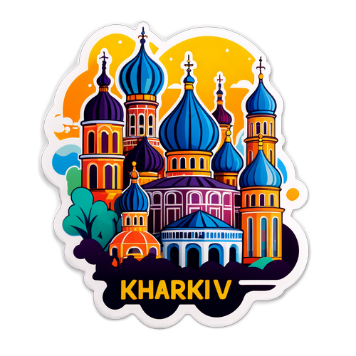 Яскрава наклейка з описом Харкова