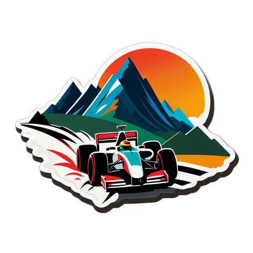 Autoturism Formula 1 accelerând printr-un peisaj montan