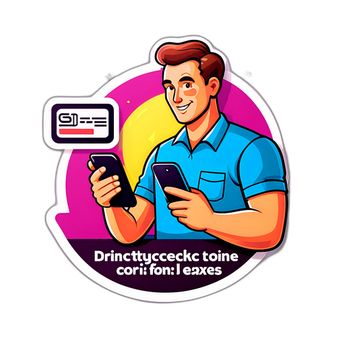Sticker cu un contribuabil verificând telefonul mobil pentru taxe, cu un slogan despre eficiență