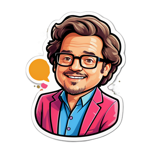 Sticker van Marc Coucke als kleurrijk cartoonpersonage