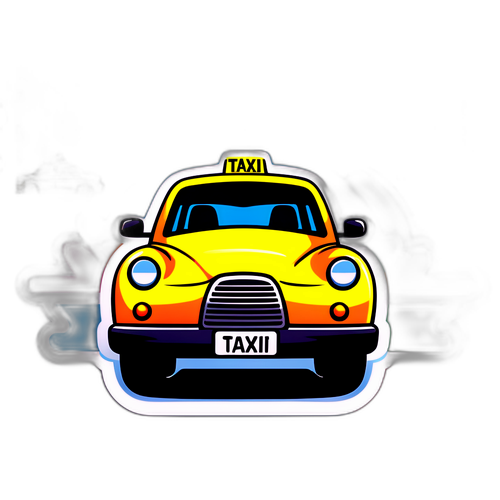 Яркий такси с улыбкой на фоне города