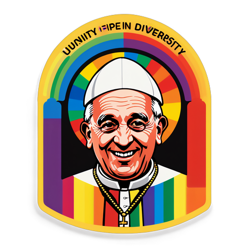 Aufkleber mit dem Gesicht des Papstes und einem strahlenden Regenbogen