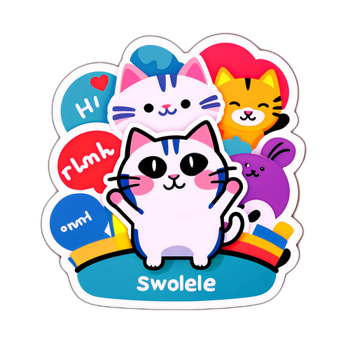 Söpö kissa sticker, joka pelaa Wordlea ystäviensä kanssa