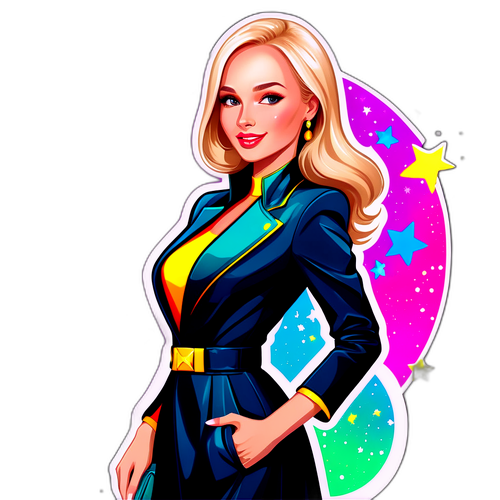 Лера Кудрявцева в стильном наряде с яркими цветами на фоне светящихся звезд