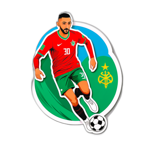 Sticker design d'Hakim Ziyech dribblant avec un ballon de football