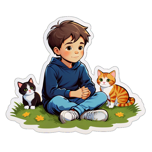 Boy with Cats on Grass Sticker