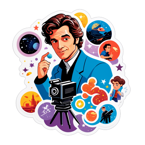 Sticker illustrant Raphaël Quenard avec des éléments de cinéma