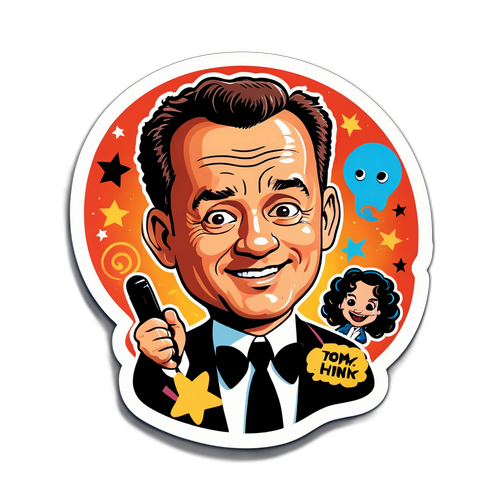 En legesyg sticker af Tom Hanks i forskellige ikoniske roller