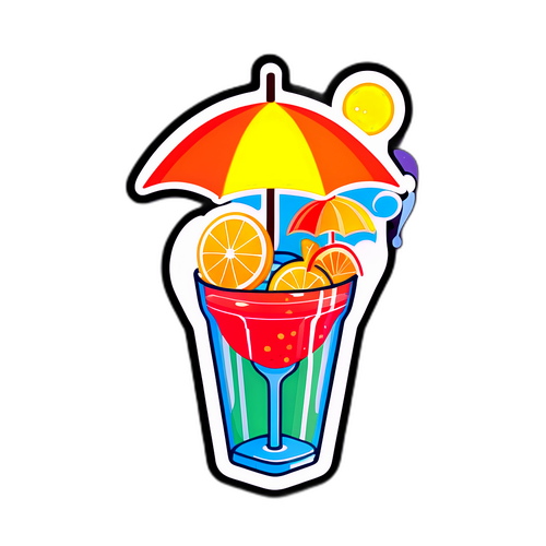 Sticker biểu thị thời tiết ấm áp với ô và đồ uống mát