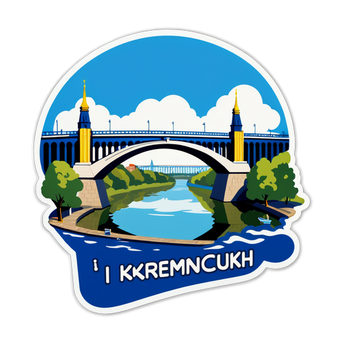 Стікери з написом "Я люблю Кременчук" на фоні знаменитого мосту через Дніпро