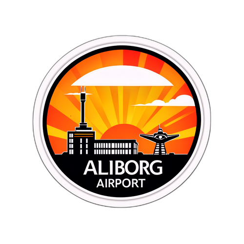 Sticker med Aalborg Lufthavns bygning og solopgang