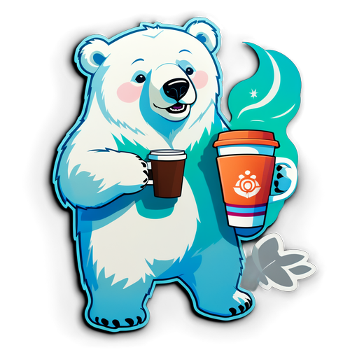 拿着带有极光图案咖啡杯的北极熊
