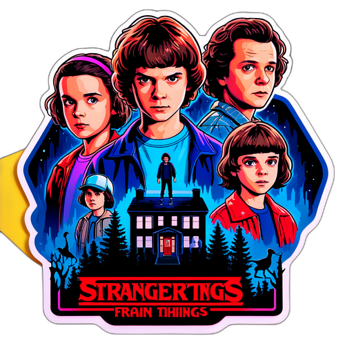 Sticker van de hoofdpersonages uit Stranger Things 5 met een mysterieuze lab op de achtergrond