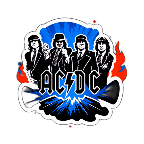 Samolepka s dynamickým logem AC/DC a siluetami rockových hudebníků