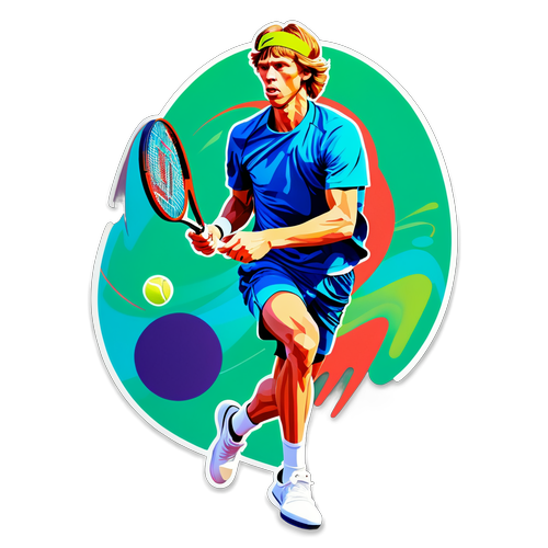Styliseret portræt af Andrey Rublev i en kraftfuld tennisposition