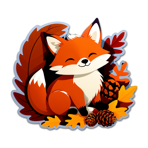 卡通狐狸在秋葉和小松果中睡覺