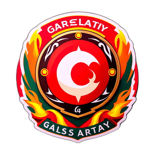 Логотип Галатасарая, обрамленный огнем и флагами команды