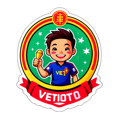 Sticker với logo Vietlott và hình ảnh người chơi vui mừng nhận giải thưởng