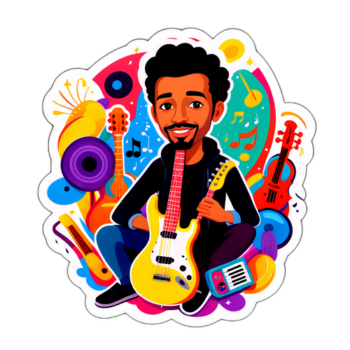 Barevný portrét Bena Cristovao s jeho oblíbenými hudebními nástroji