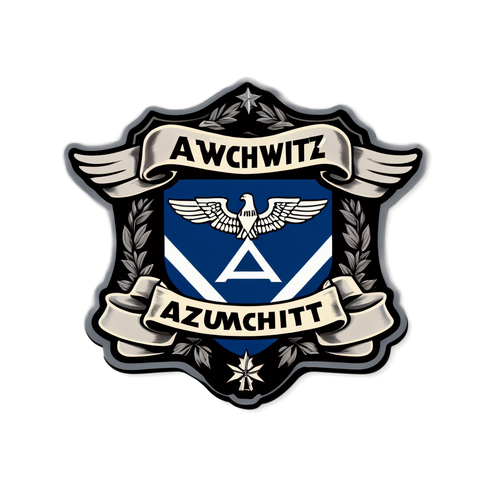 Sticker memorial dedicat Auschwitz, cu un design solemn și textul „Nu uitați niciodată”.