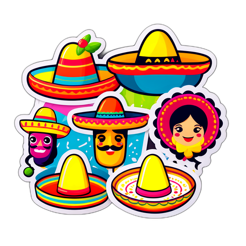 Aufkleber mit Sombreros in fröhlicher Fiesta-Umgebung