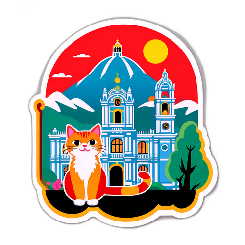 Sticker de Edificio Icónico de Quito con un Gato Alegre
