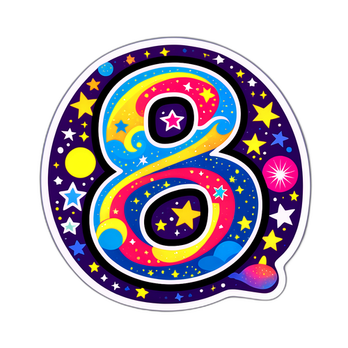Um adesivo retrô com o número 6789 rodeado de estrelas e padrões psicodélicos, trazendo uma vibe nostálgica.