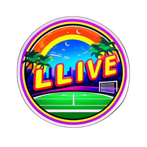 Aufregender Aufkleber für Sport1 Live mit leuchtenden Neonfarben und Sportfeld-Hintergrund