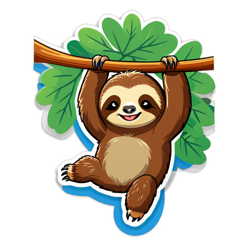 An adorable sloth hanging from a tree branch with a motivational quote about taking it slow
