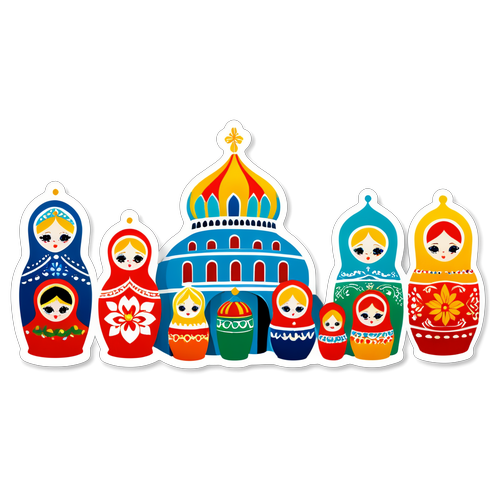 Vue panoramique stylisée de la Russie avec l'Hermitage et des matryoshkas colorées