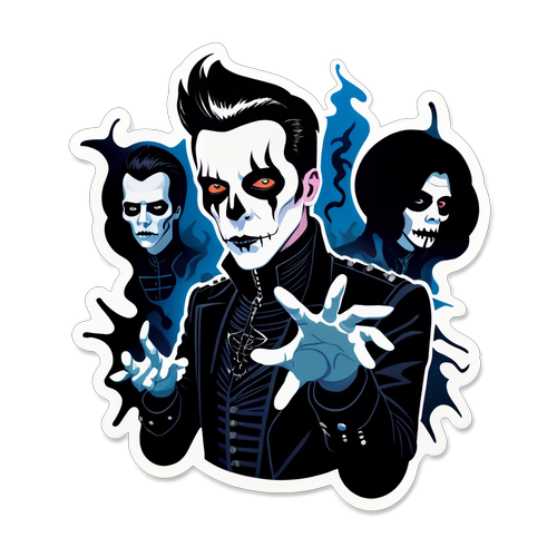 En illustration av Tobias Forge i teatermakeup omgiven av spöklika figurer