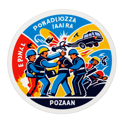 Sticker ilustrujący chaotyczną scenę ewakuacji na targach w Poznaniu