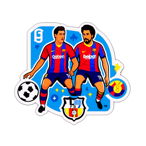 Ilustrace zápasu mezi Levantem a Barcelonou s detaily o slavných hráčích na emblémech