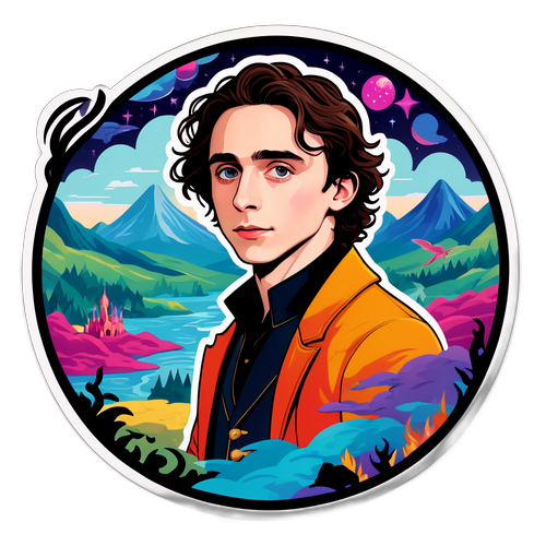 Návrh samolepky s Timothée Chalametem v fantastickém prostředí