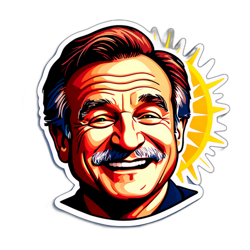 Sticker van een lachende Robin Williams met zon