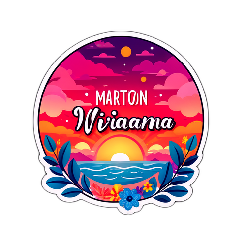 Stílusos matrica 'Márton Viviana' névvel, színes virágos háttérrel és naplementével