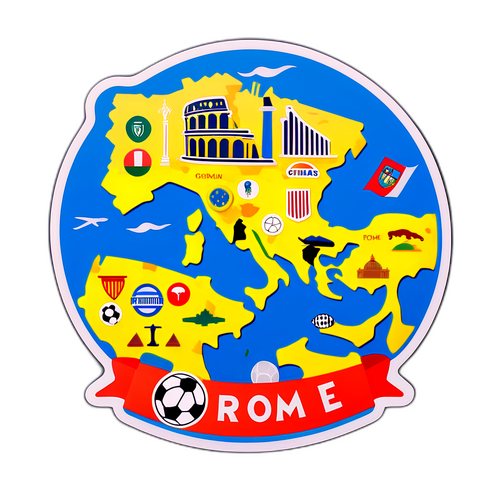 Stylizovaná mapa Říma s fotbalovými symboly