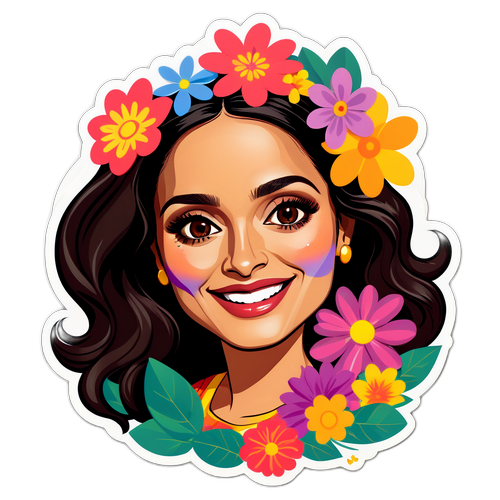 Caricatură a lui Salma Hayek cu flori colorate