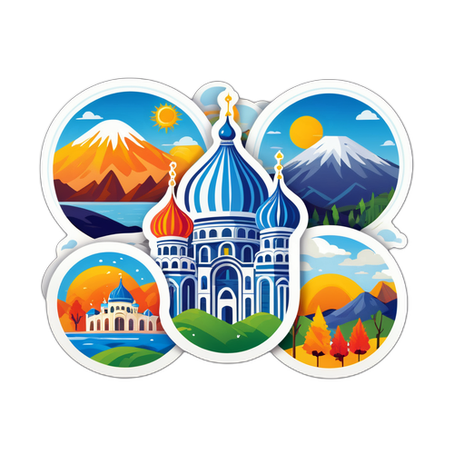 Яркая наклейка с полоской на фоне куполов любимых мест Читы, изображающих погоду в разные сезоны