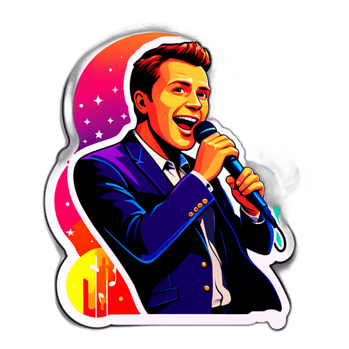 Наклейка з Степаном Гігою, що співає на сцені