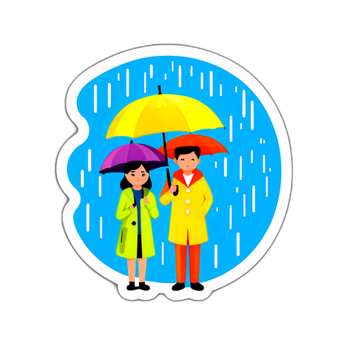 비 오는 날 우산을 든 사람들 스티커