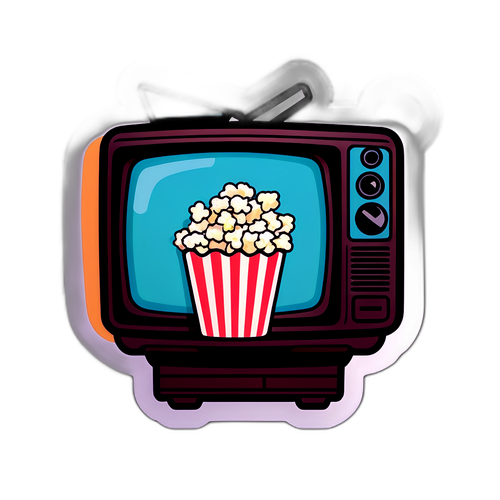 Sticker cu logo-ul Voyo, televizor vechi și popcorn