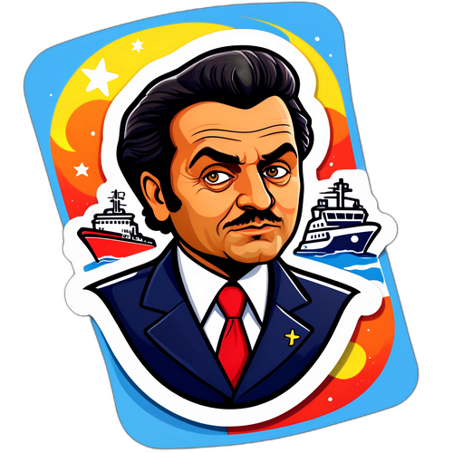 A cartoon-style sticker of Schettino, with a ship in the background, conveying humor and irony.