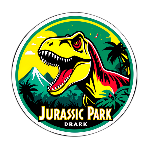 โลโก้ Jurassic Park กับกราฟิกไดโนเสาร์และป่าเขตร้อน